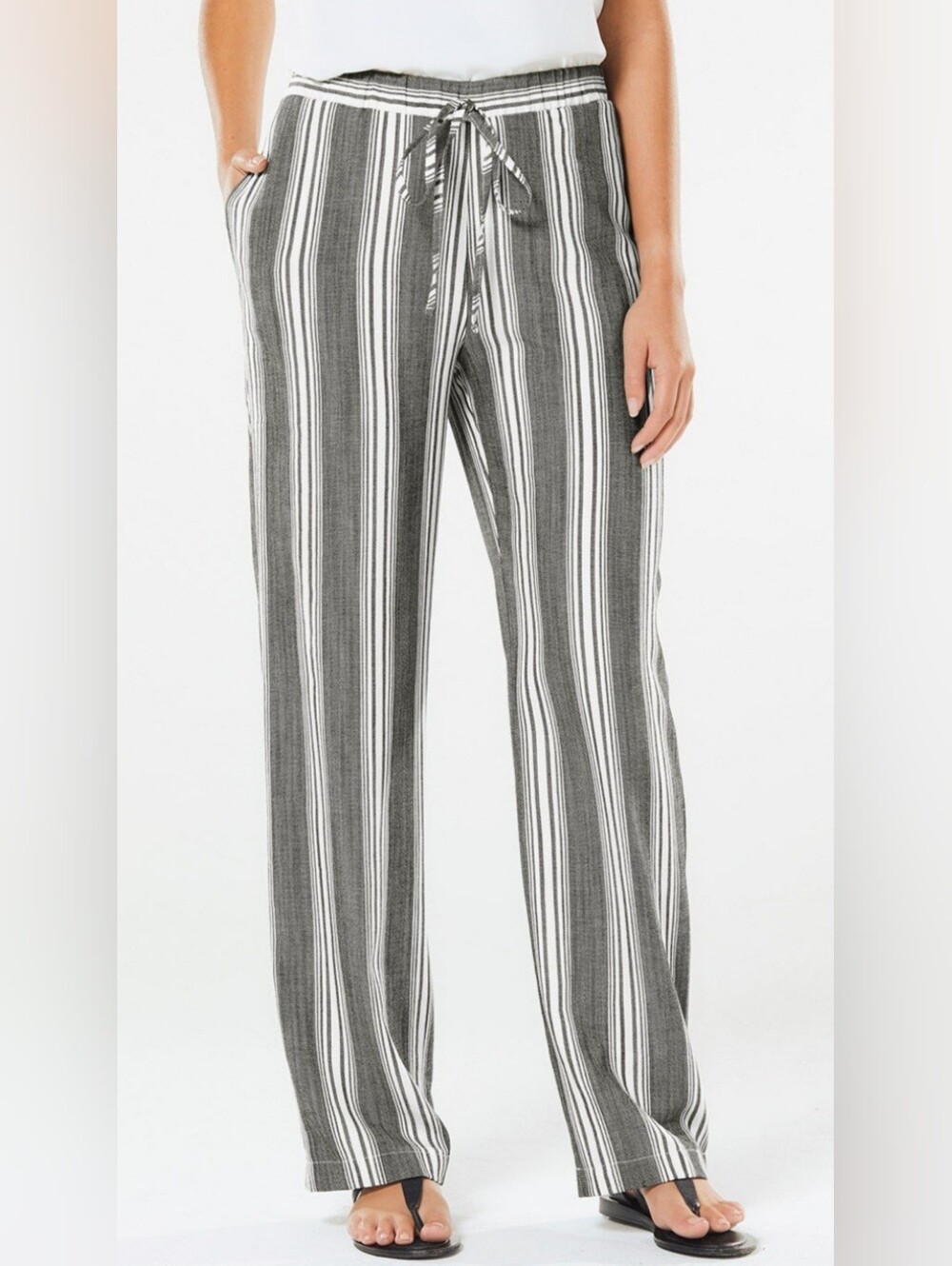 Per Se Navy and White Striped Wide Leg Pants Women"s Size 2X Linen Viscosa.